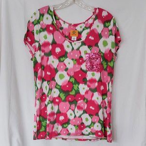 SALE Ruby Rd Hot Pink & Green Embellished Top Sequined Pocket M Medium EUC